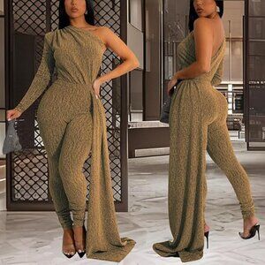 Women's Sexy Sparkly One Shoulder Long Sleeve Bodycon Jumpsuits Stretchy Long Pa
